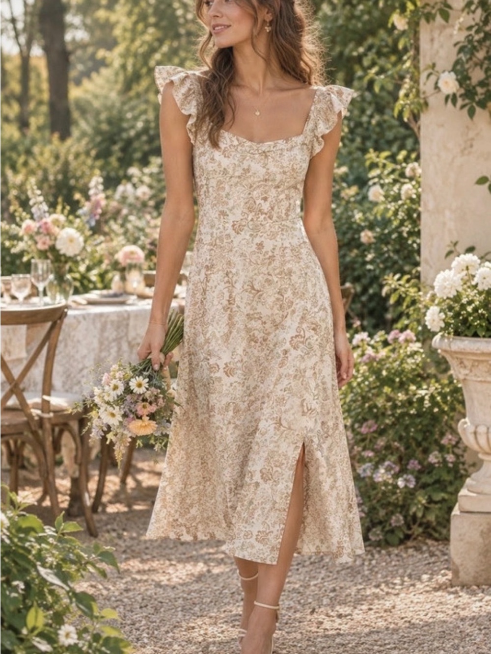 LOFT Cream Floral Midi Dress with Ruffle Straps